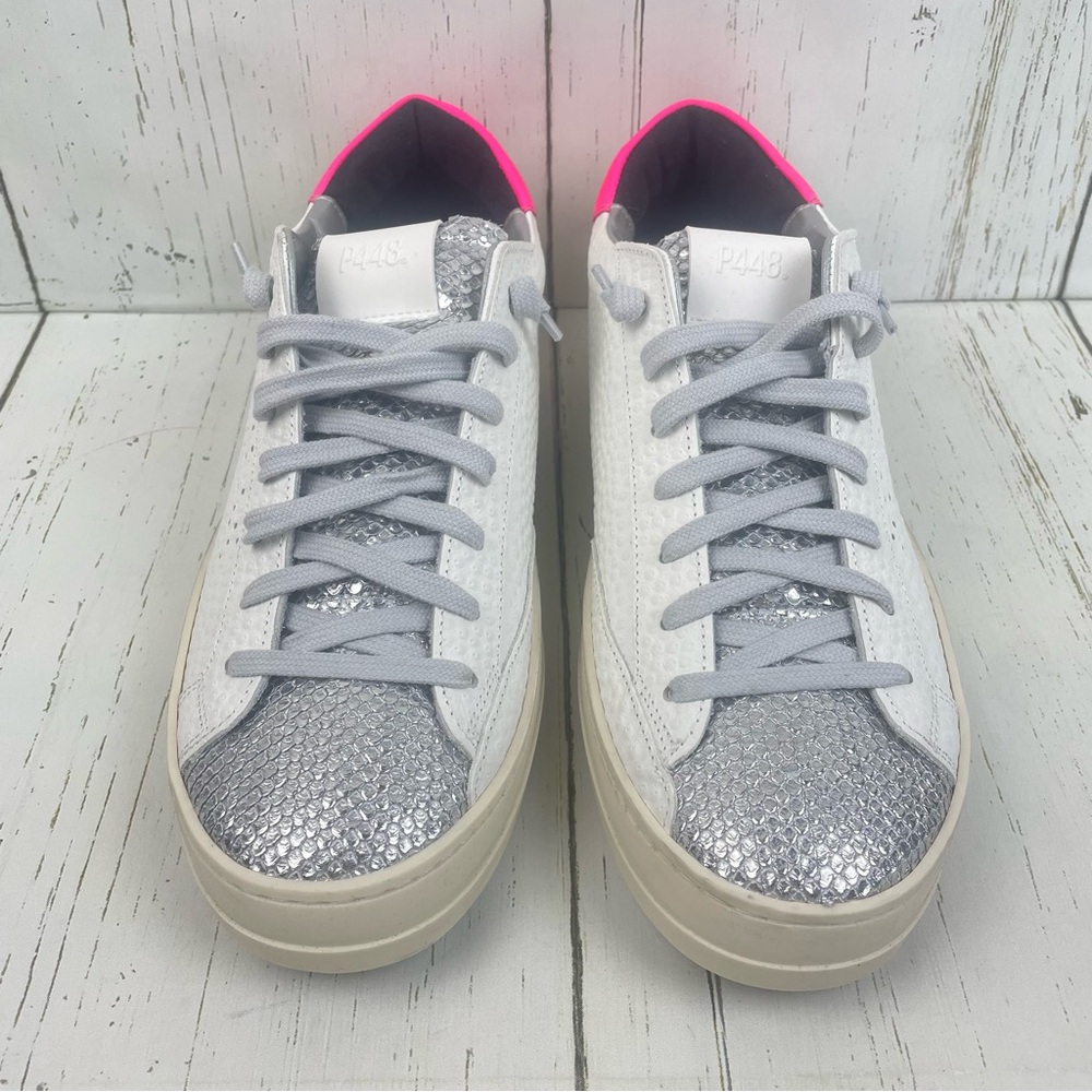 P448 White Silver Sneakers with Hot Pink Accent